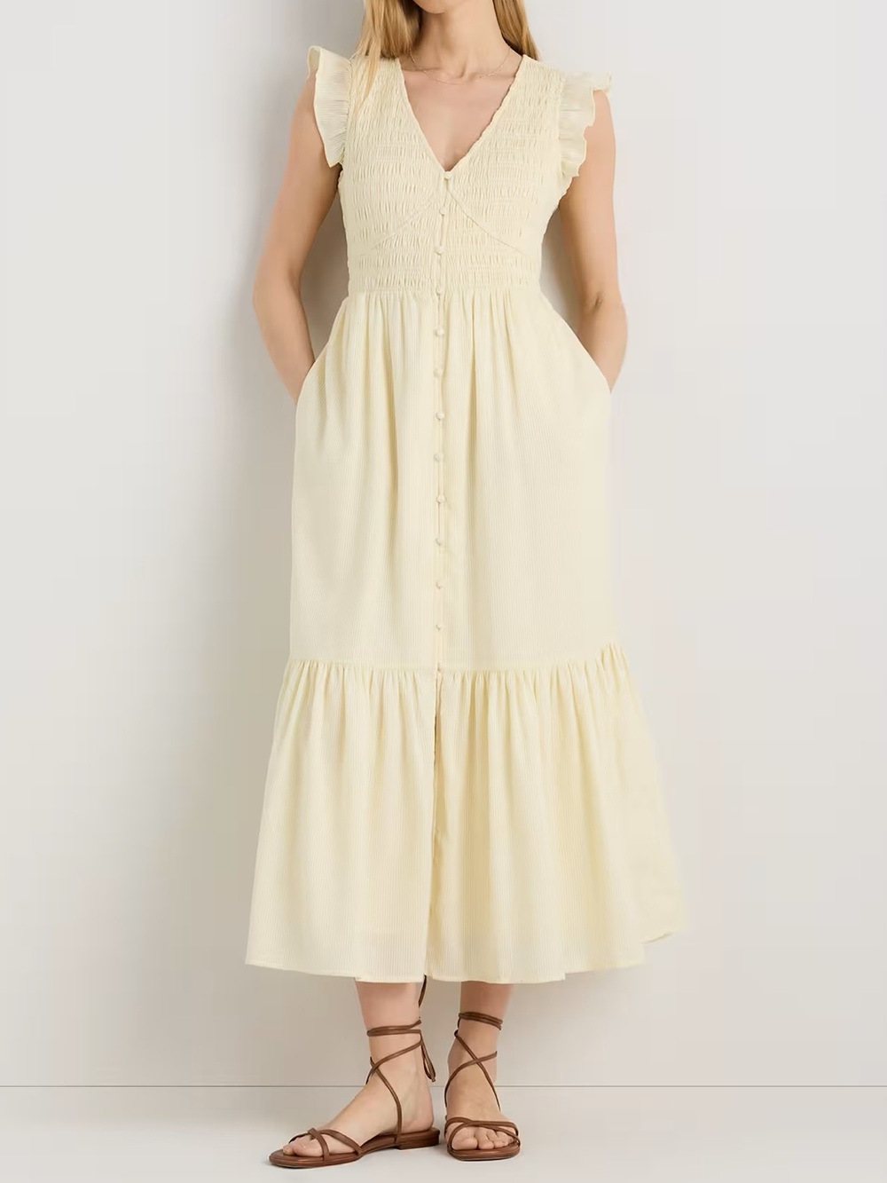 Quince Organic Textured Cotton Smocked V-Neck Midi Dress Pale Custard Yellow L